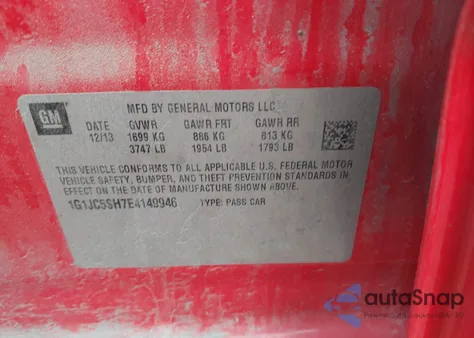 2014 Chevrolet Sonic Lt Auto из США, поврежденный, VIN 1G1JC5SH7E4149946